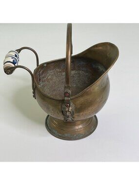 Vintage Coal and Ash Skuttle Holland Brass and Copper Porcelain Handle Lion Head